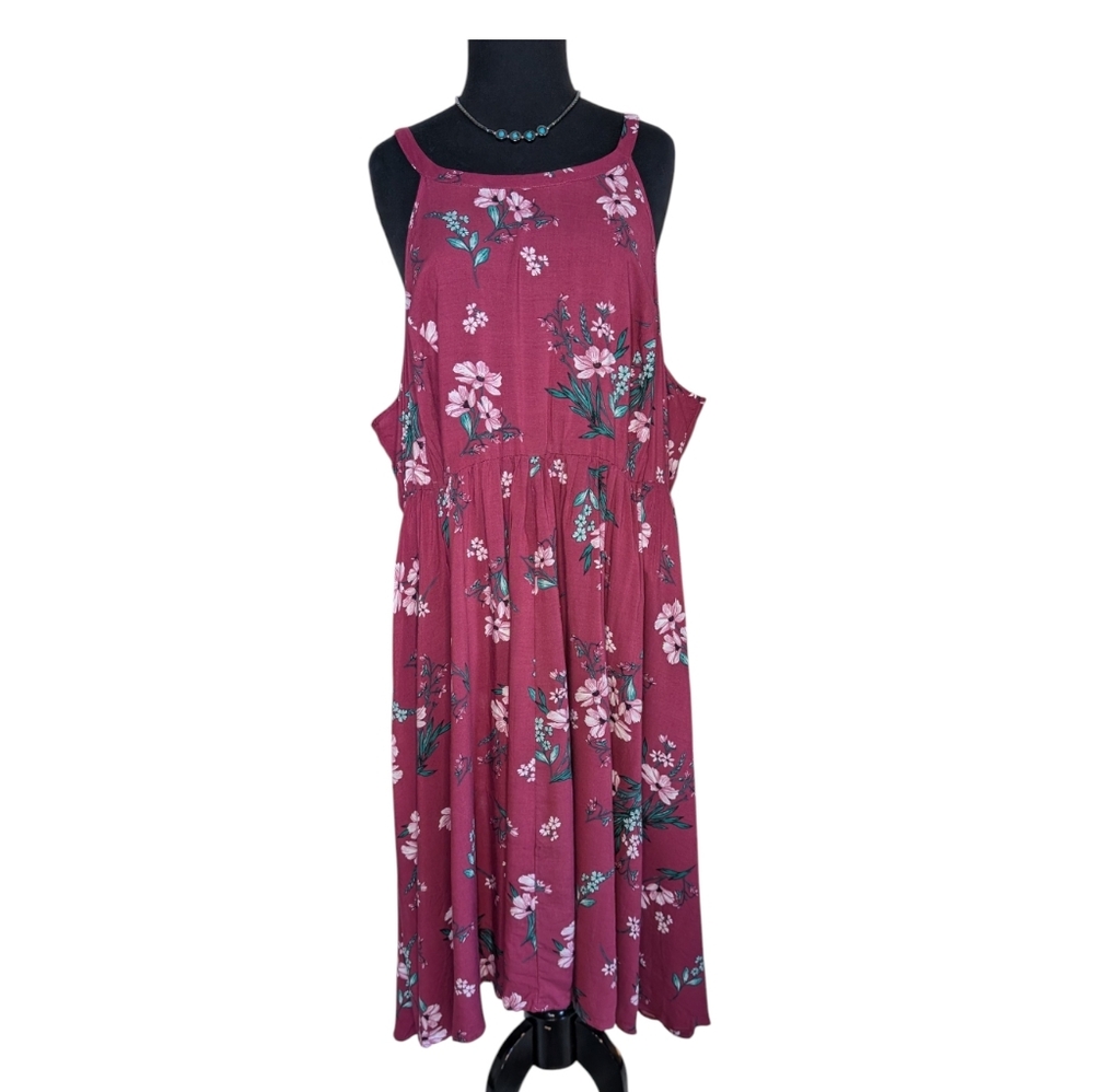Torrid Sleeveless Floral High Neck Challis Dress Hi Lo Hem Merlot